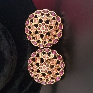 Swarovski Jeweled Rhinestone Round Purple, Amber and Gold Clip On Earrings  NWOT